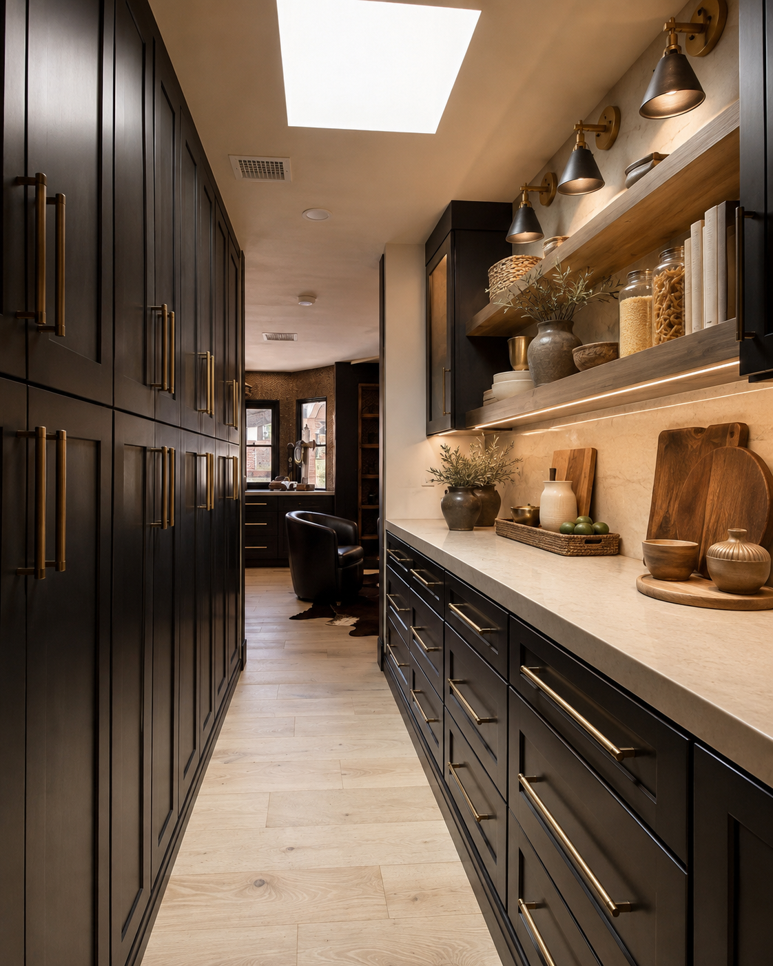 Finished butler’s pantry with black cabinetry, warm wood shelves, and brass details