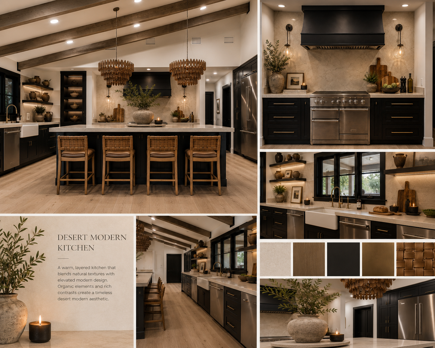 Portfolio collage of the completed desert-modern kitchen, island, range wall, and layered materials