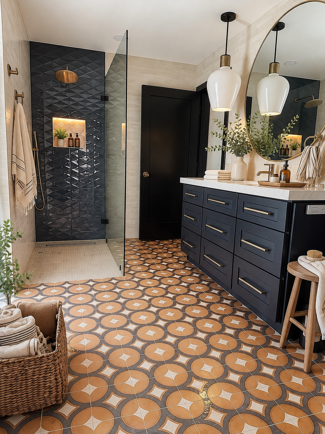 Staged pool bath with copper patterned tile, black cabinetry, and a glass shower