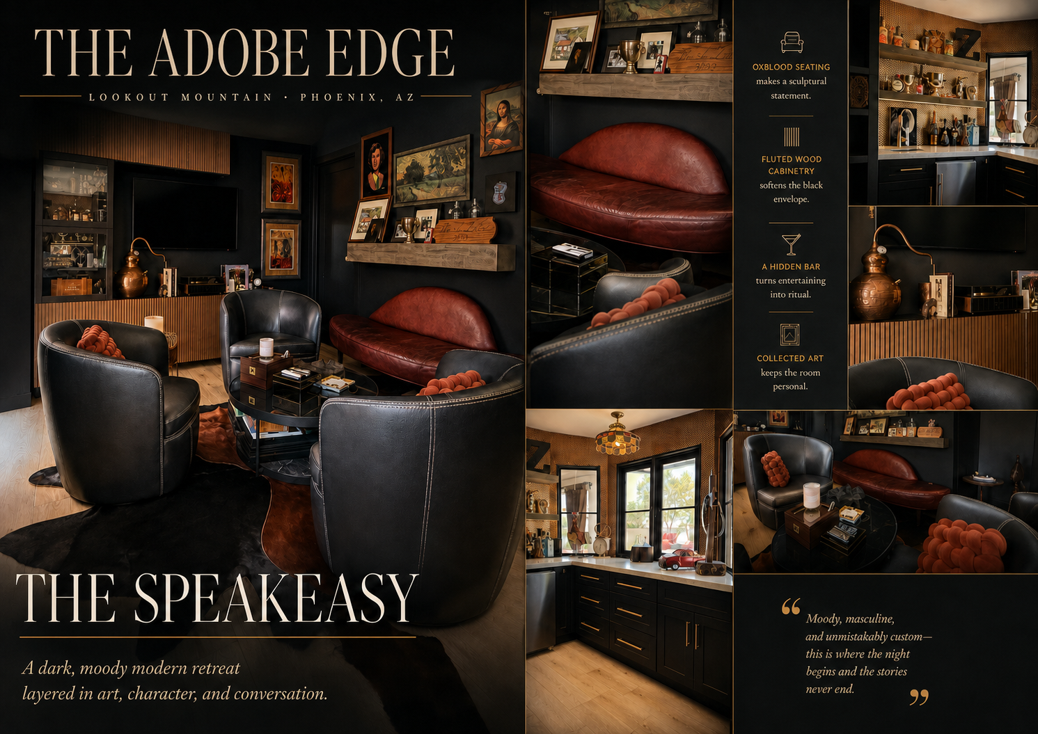 The Adobe Edge editorial collage featuring the completed speakeasy lounge, hidden bar, collected art, and design details