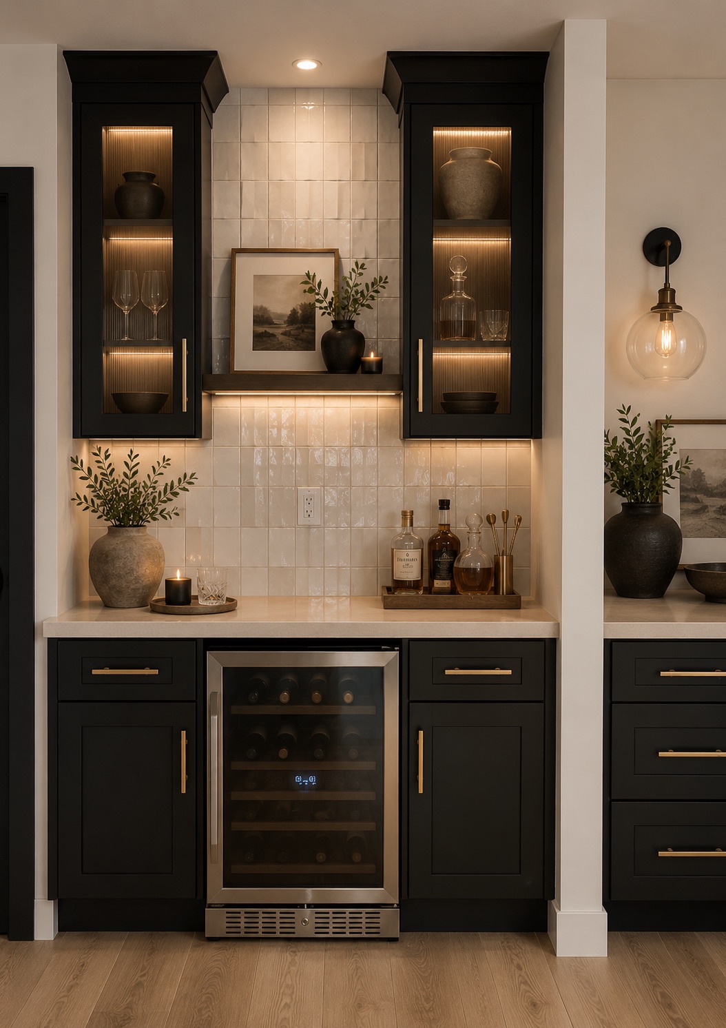 Close-up of the illuminated bar with black cabinetry and champagne-bronze details