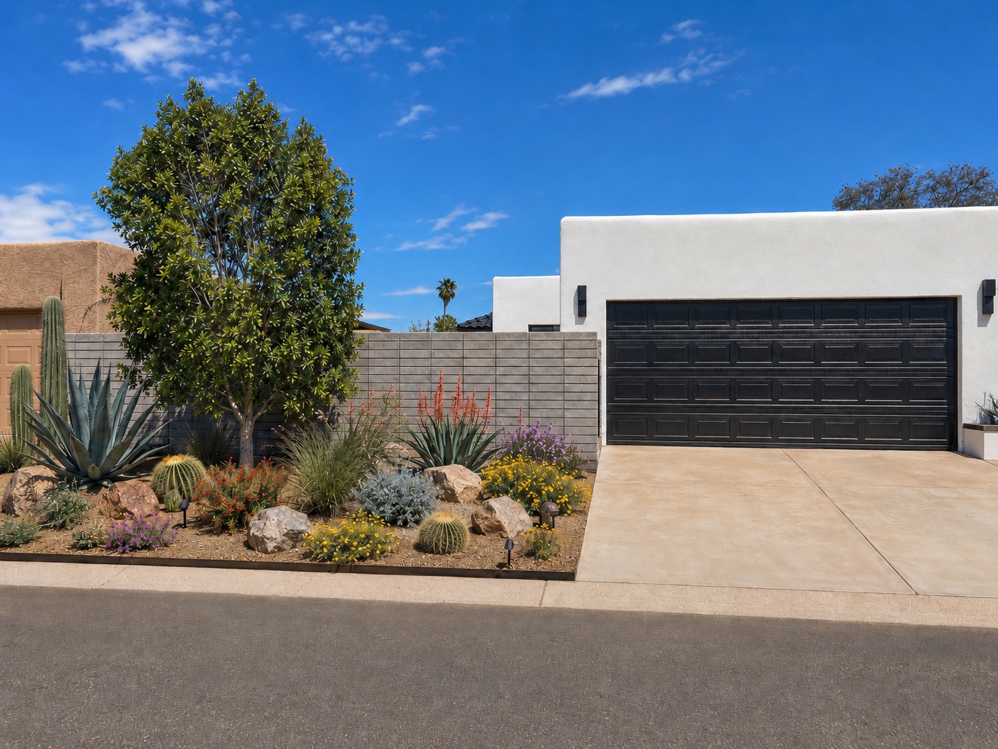 Completed Valle de Luna front landscape with sculptural desert planting