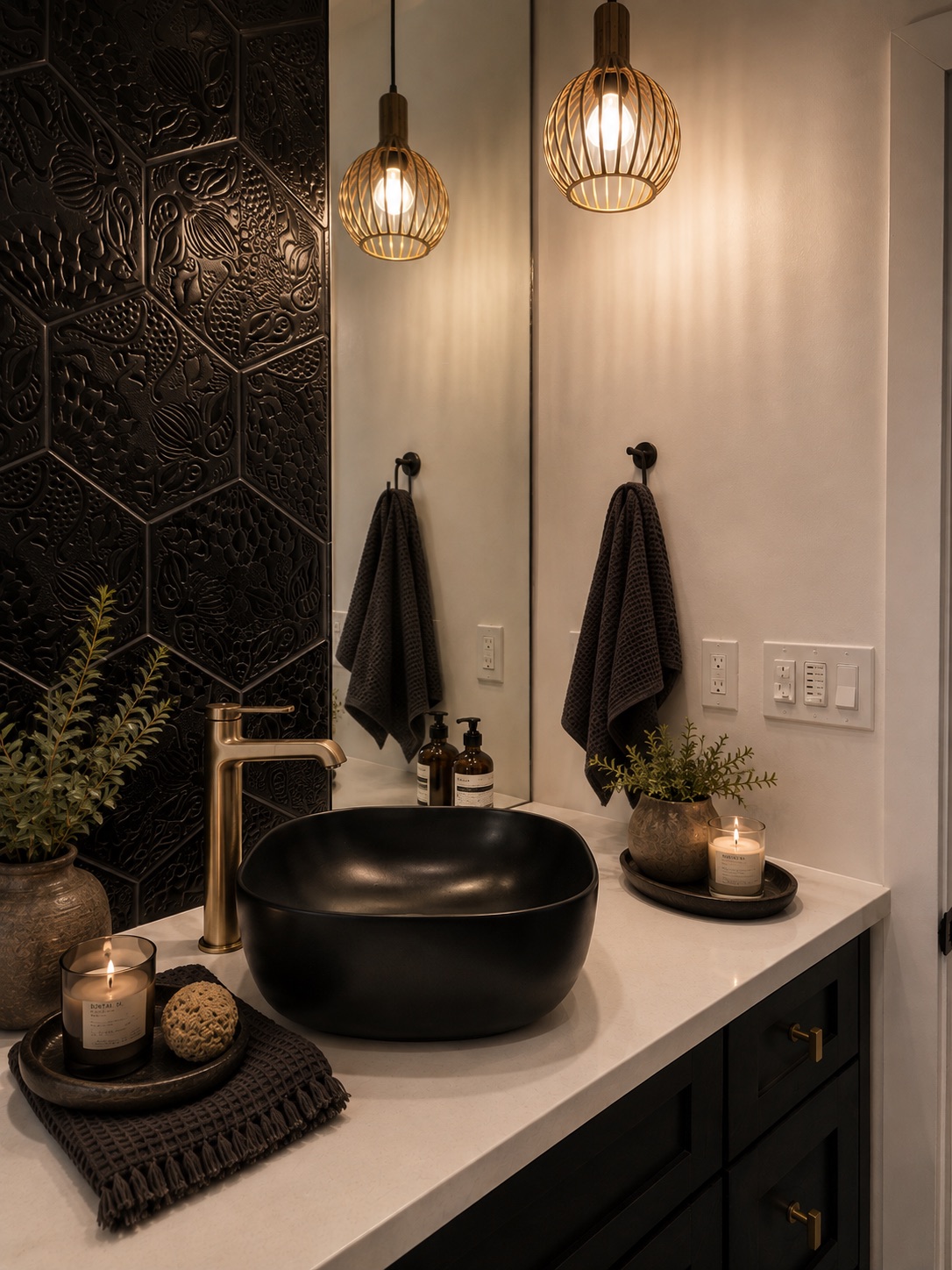 Close-up of the sculptural black Gaudí-inspired tile wall, black vessel sink, and champagne-bronze faucet
