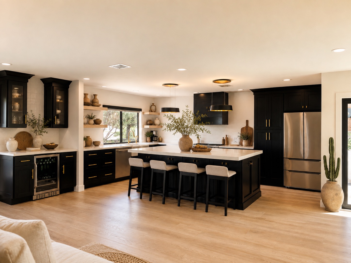 Completed Valle de Luna kitchen with charcoal cabinetry, a generous island, and warm natural finishes