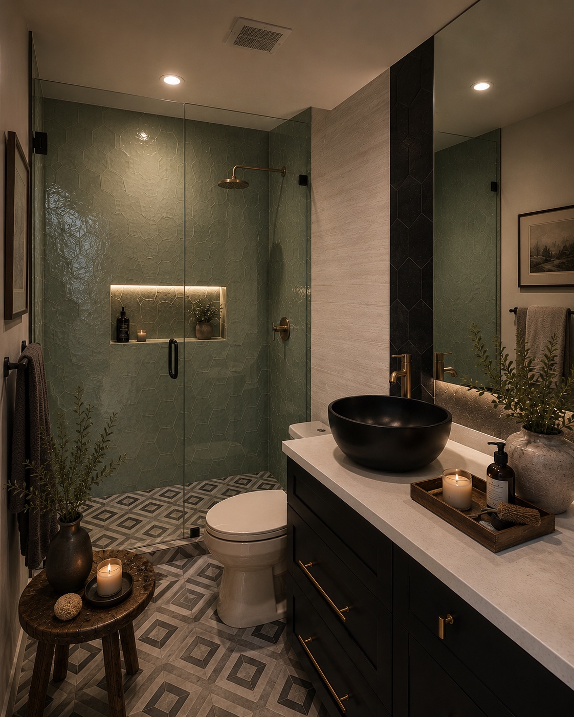 Completed Valle de Luna guest bath with custom black Gaudí-inspired tile, sage shower tile, champagne-bronze fixtures, and graphic flooring