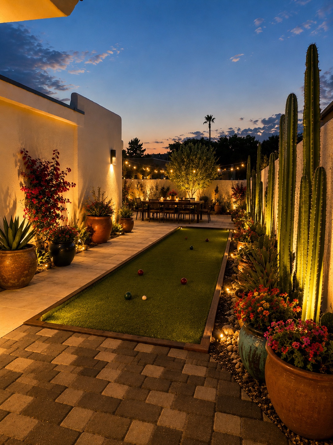 Private Valle de Luna patio and bocce court illuminated at dusk