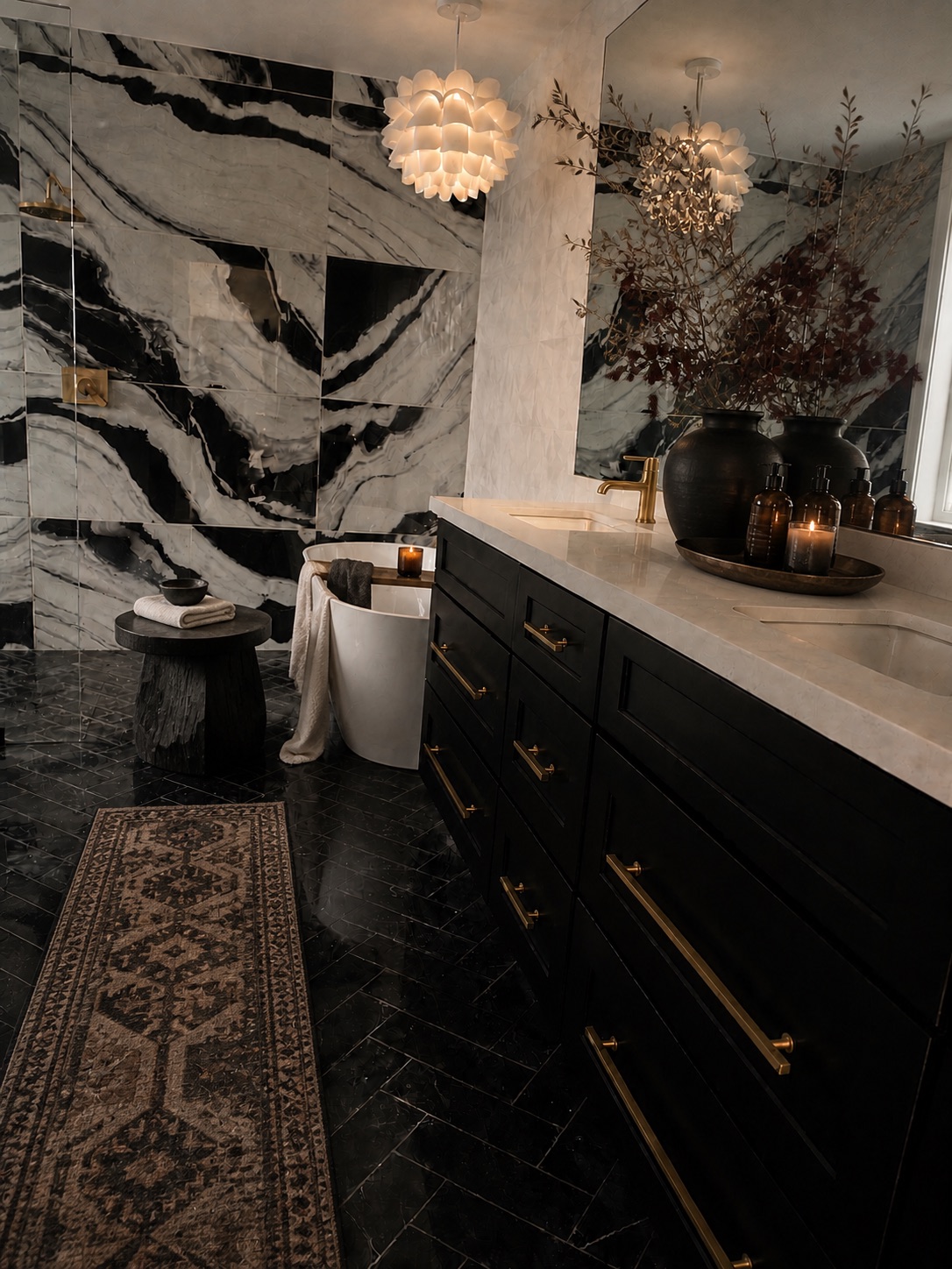 Dramatically staged Valle de Luna primary bathroom